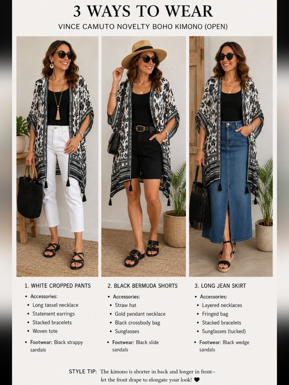 Vince Camuto novelty boho quirky kimono black white embroidered tassels os